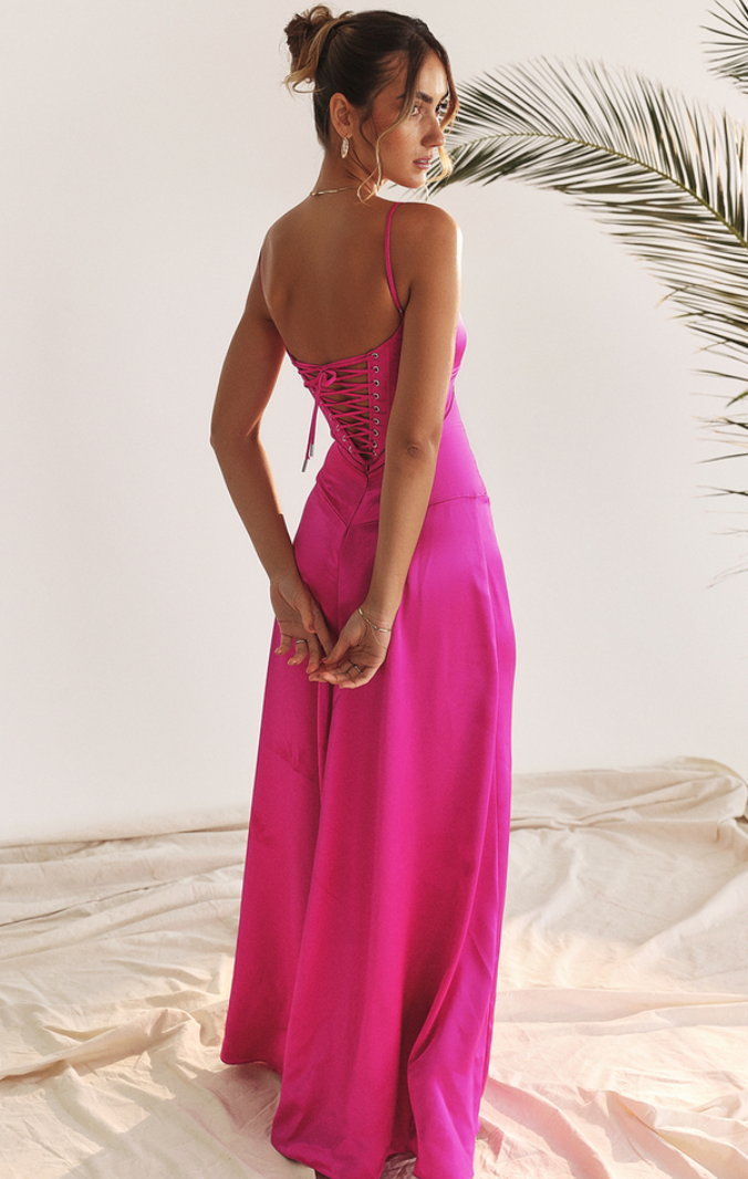 house of cb anabella dress pink Pretty in pink with the House of CB Anabella Seren Lace Up Corset Maxi Dress. Book your rental online today